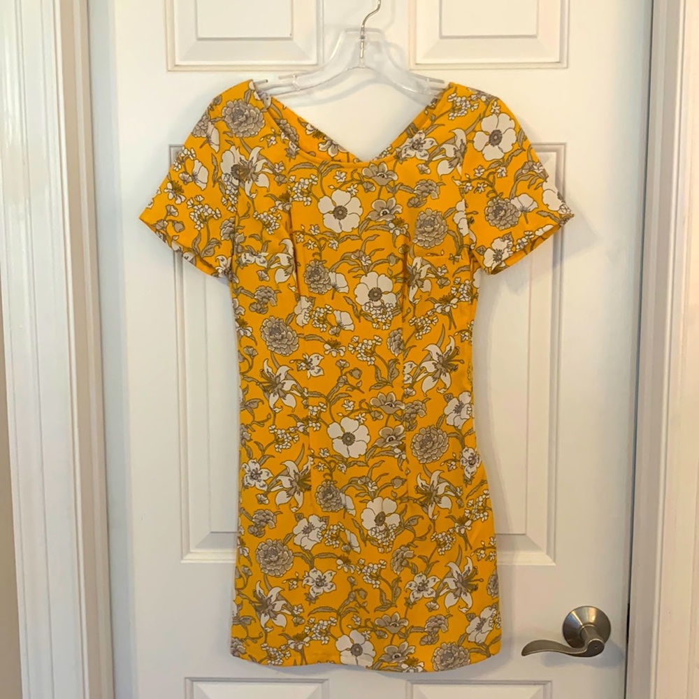 Yellow Floral Mini Dress with Criss Cross Back